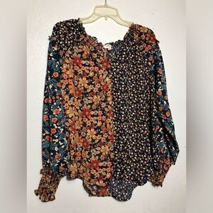 UMGEE Floral Smocked Multicolor Glitter Thread Casual Blouse L